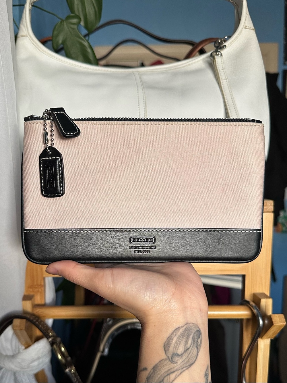 Coach Canvas and Black Leather-Trim Wristlet Pouch